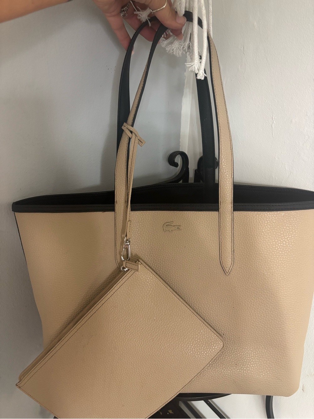 Lacoste Black PVC Shoulder Tote with Beige Pouch - Picture 4 of 5